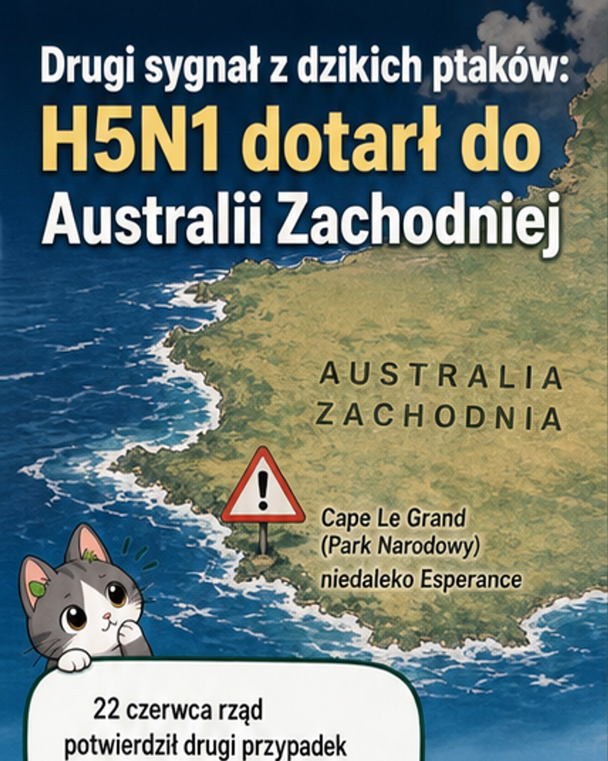 Ilustracja przedstawiająca dzikiego ptaka w parku narodowym w Australii, z czerwonym znacznikiem wirusa H5N1 i tłem mapy stanu Australia Zachodnia.