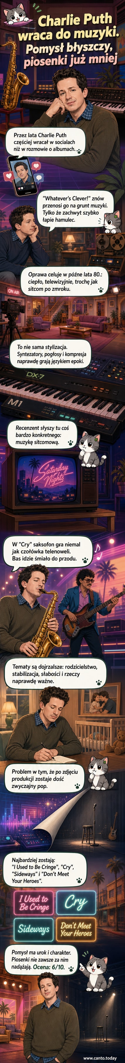 Ilustracja przedstawiająca Charliego Putha w stylizacji lat 80. – w pastelowym swetrze, z syntezatorem i migoczącym tłem z ceglanej ściany, w klimacie sitcomu.