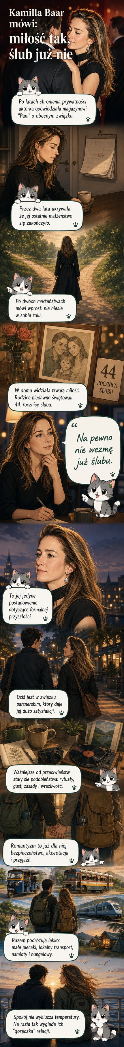 Ilustracja Kamilli Baar idącej wzdłuż ścieżki z partnerem, z plecakiem i mapą, otoczona namiotami i tuk-tukiem na tle tropikalnego krajobrazu.