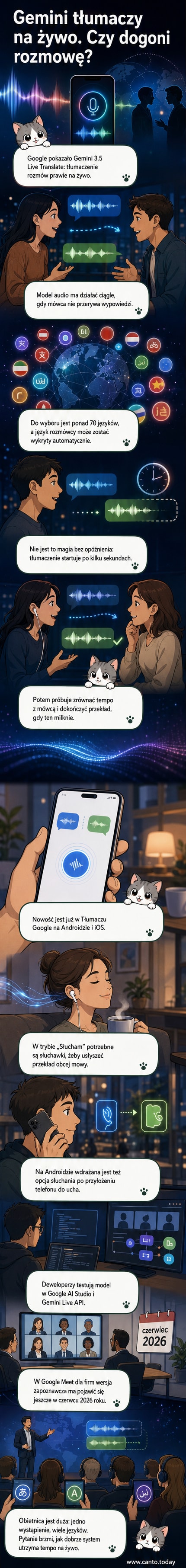 Ilustracja przedstawia dwie osoby rozmawiające w różnych językach, z myślą o przetłumaczeniu przez AI – jedna mówi, druga słucha tłumaczenia przez słuchawki, z ikoną Google Gemini w tle.