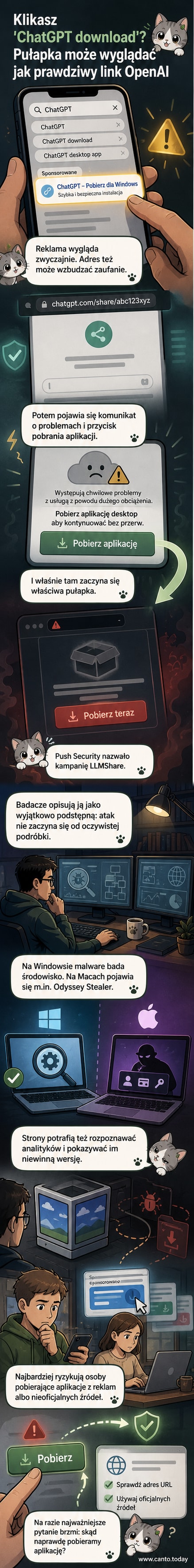 Ilustracja przedstawiająca laptopa z widocznym fałszywym komunikatem o pobieraniu aplikacji ChatGPT, w tle – logo OpenAI i czerwone ostrzeżenie o złośliwym oprogramowaniu.