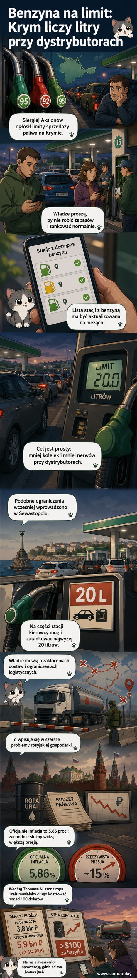 Mapa Krymu z oznaczeniem stacji paliw, przy których stoją kolejki samochodów; w tle widoczne logo rosyjskiej sieci TES.