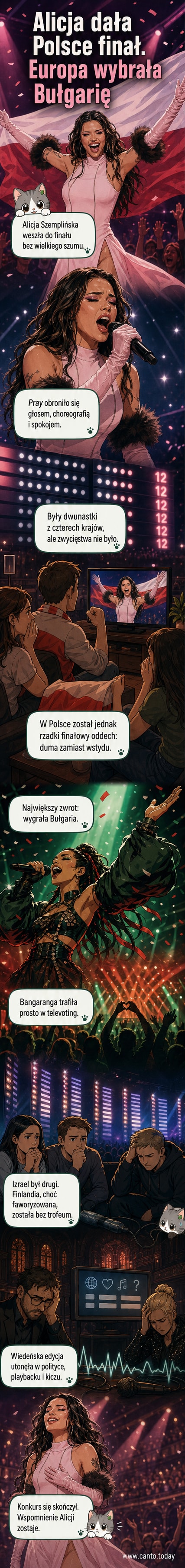 Ilustracja finału Eurowizji 2026: Alicja Szemplińska na scenie w Wiedniu, w tle flagi uczestniczących krajów, z napisem 'Polska dziękuje'