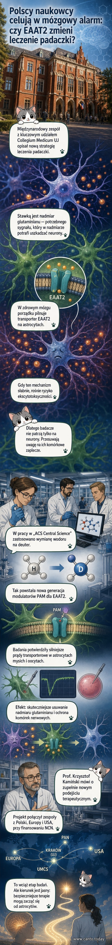 Ilustracja przedstawiająca komórki mózgu, gdzie astrocyty zaczynają skutecznie usuwać nadmiar glutaminianu dzięki nowemu lekowi.
