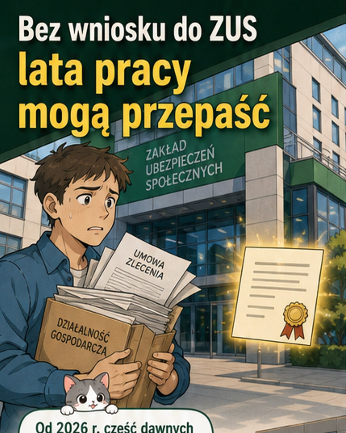 Ilustracja przedstawia osobę przeglądającą dokumenty na komputerze z logo ZUS, z napisem 'Staż pracy 2026'.
