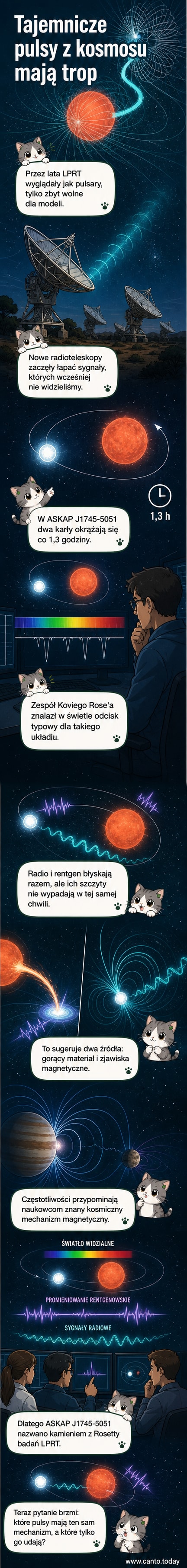 Ilustracja układu dwóch gwiazd – białego i czerwonego karła – krążących wokół siebie, z falami radiowymi i rozbłyskami rentgenowskimi emitowanymi w różnych fazach orbity.