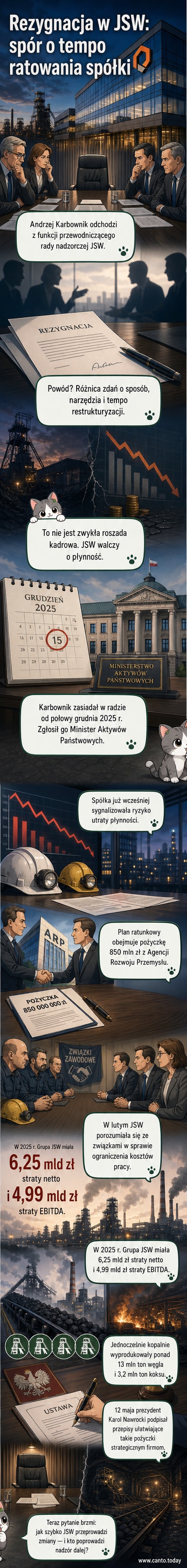 Ilustracja przedstawiającego przewodniczącego rady nadzorczej JSW opuszczającego salę posiedzeń, na tle symboli węgla i koksu oraz wykresu spadających wyników finansowych.