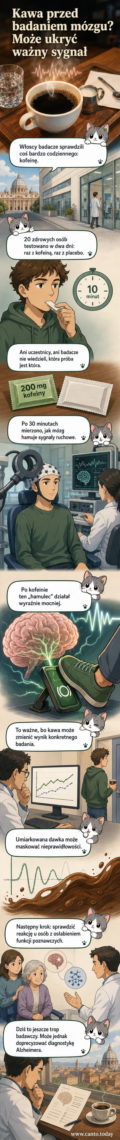 Ilustracja przedstawiająca mózg z zaznaczonymi obszarami aktywności pod wpływem kofeiny, z symbolem filiżanki kawy w tle.