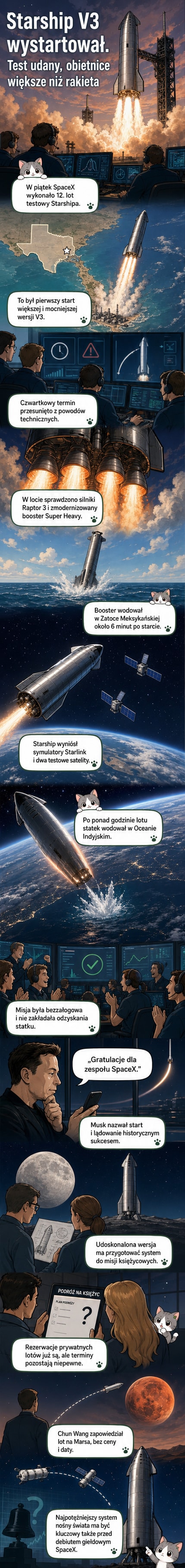 Ilustracja startu nowej wersji rakiety Starship V3 z bazy Starbase w Teksasie, z widocznym nowym designem silników i boosterem.