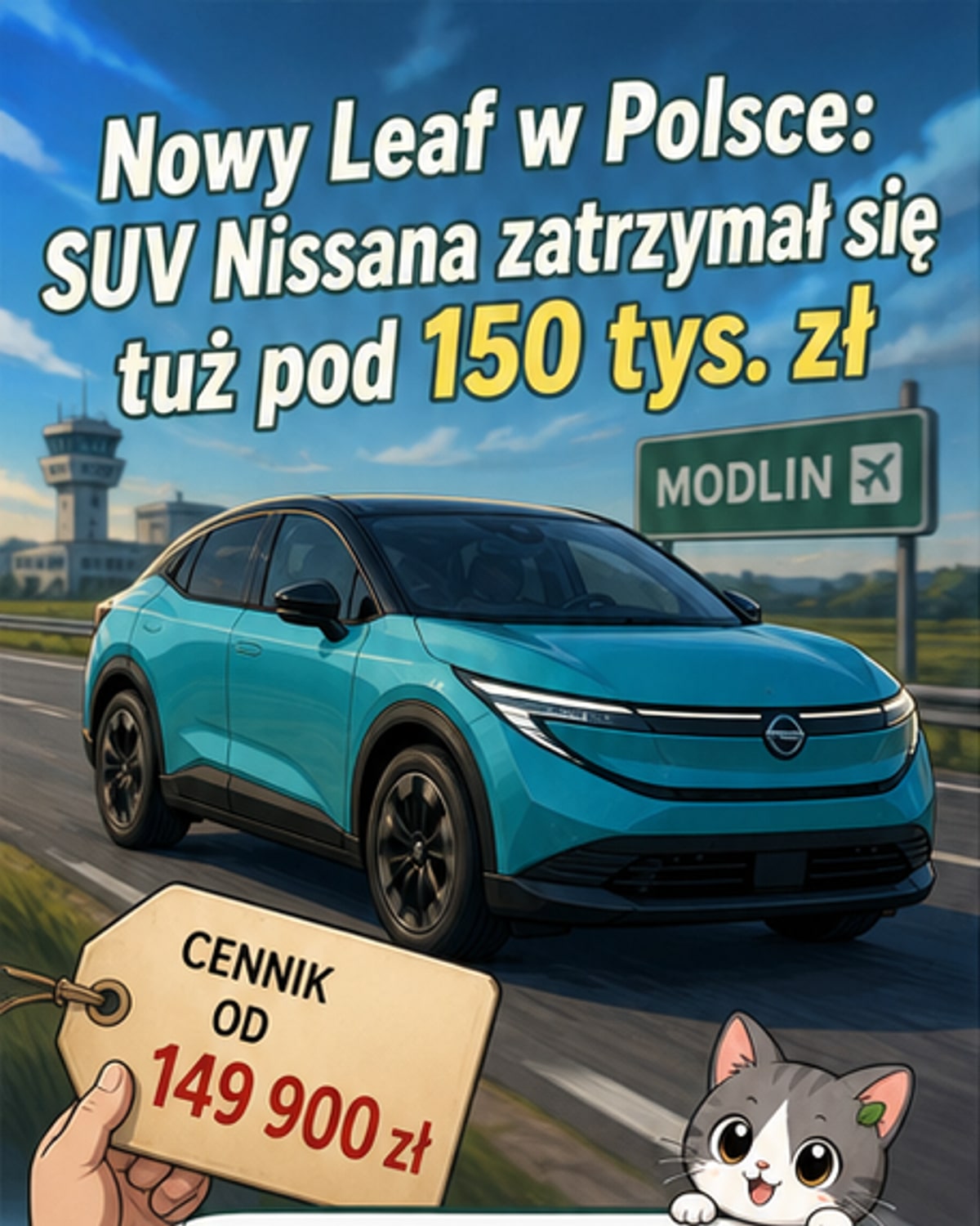 Nowy Nissan Leaf trzeciej generacji, widok z przodu i boku, w kolorze białym, zaprezentowany na parkingu w Modlinie
