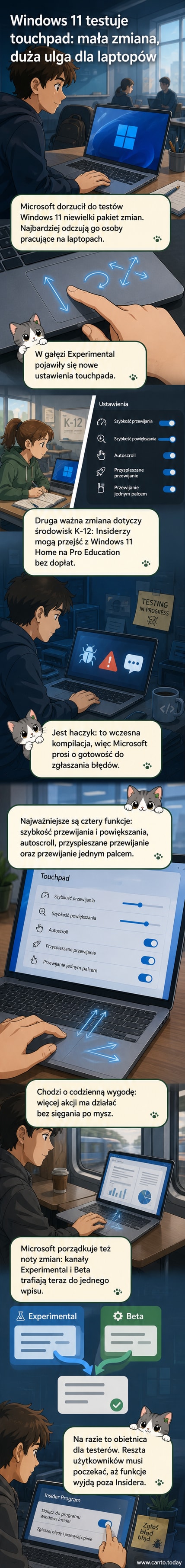 Ilustracja przedstawiająca gesty na touchpadzie laptopa w systemie Windows 11: przewijanie jednym palcem, powiększanie, automatyczne przewijanie.