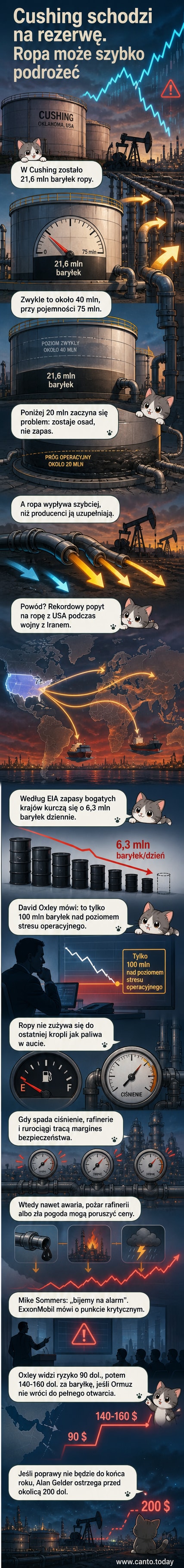 Wykres spadku zapasów ropy w Cushing z zaznaczonym progiem krytycznym i prognozowanym wzrostem cen