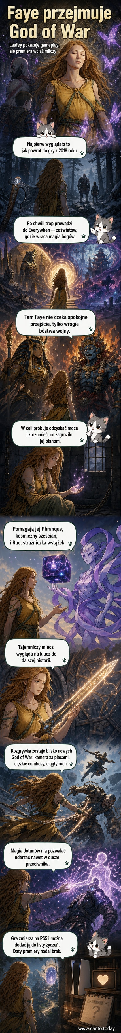 Zdjęcie rozgrywki z God of War: Laufey – Faye walczy z potężnym przeciwnikiem w magicznej krainie Everywhen, otoczona przez postacie z różnych mitologii.