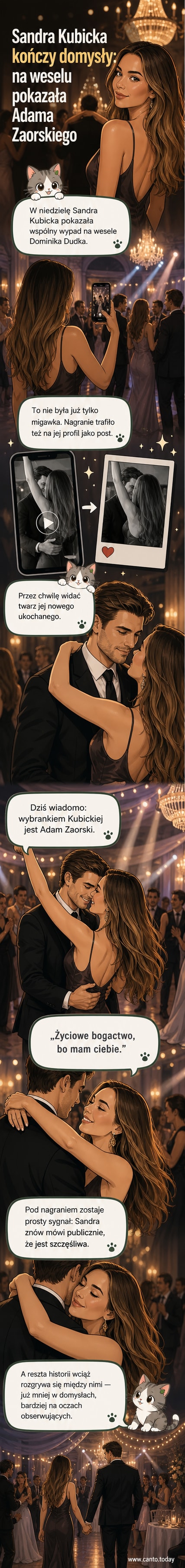 Sandra Kubicka i Adam Zaorski tańczą razem na weselu, uśmiechnięci, podczas wieczornej imprezy z gośćmi w tle.