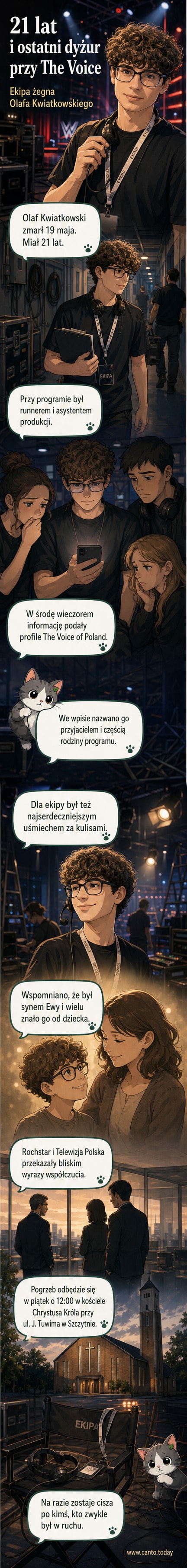Ciemne tło z białym napisem: 'The Voice of Poland żegna Olafa Kwiatkowskiego'. W tle delikatny kontur mikrofonu i uśmiechniętego człowieka.