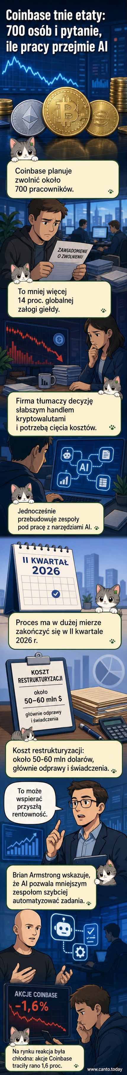 Ilustracja przedstawiająca pracowników wychodzących z biura kryptowalutowej giełdy, w tle widoczny ekran z wykresami spadających kursów i ikonami sztucznej inteligencji.