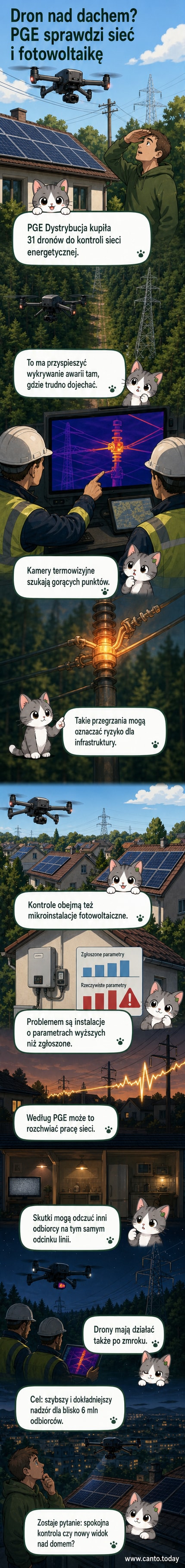 Ilustracja przedstawia drona z kamerą termowizyjną przelatującego nad dachem domu jednorodzinnego z panelami fotowoltaicznymi, w tle linie energetyczne i wieża elektrowni.