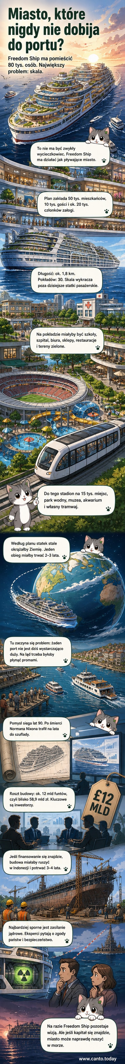 Wizja artystyczna ogromnego pływającego miasta o długości 1,8 km, z zielonymi tarasami, parkiem wodnym, tramwajem na pokładzie i wieżowcami, płynącego przez ocean pod błękitnym niebem.