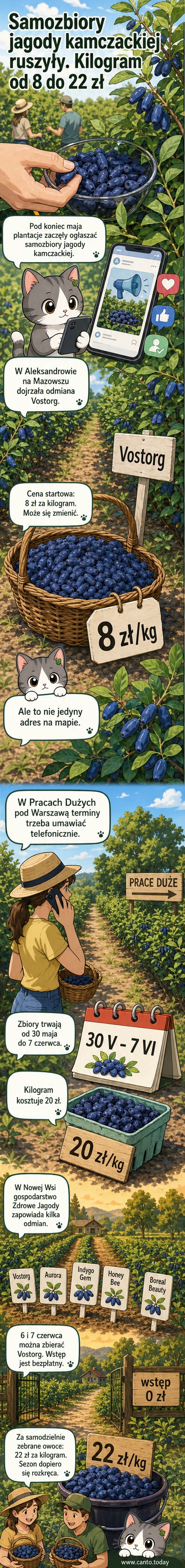 Rozłożysta jagoda kamczacka na zielonym krzaku, z dojrzałymi owocami gotowymi do zbioru, tło polskiej roślinności letniej