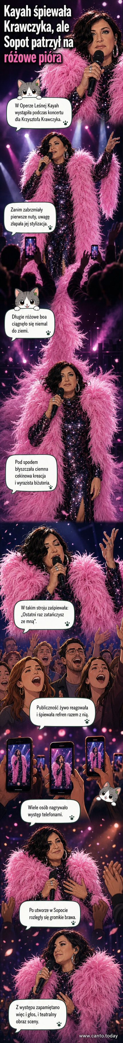 Kayah na scenie w długim różowym boa z piór i cekinowej kreacji podczas występu w Operze Leśnej w Sopocie.