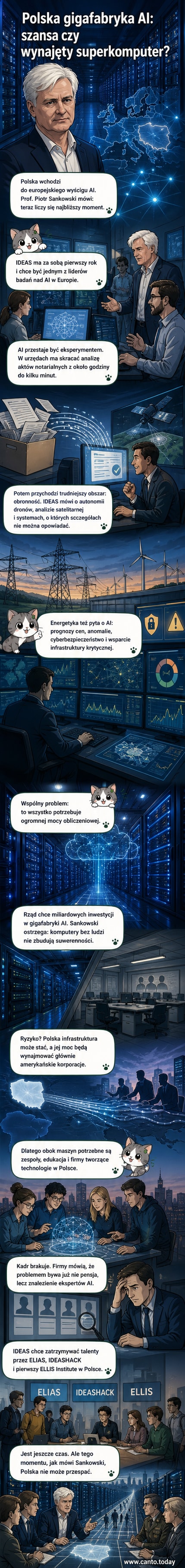 Ilustracja przedstawiająca polską flagę na tle serwerów i układów scalonych, z cieniem amerykańskiej korporacji nad nimi, symbolizująca ryzyko utraty suwerenności technologicznej mimo inwestycji w gigafabrykę AI.