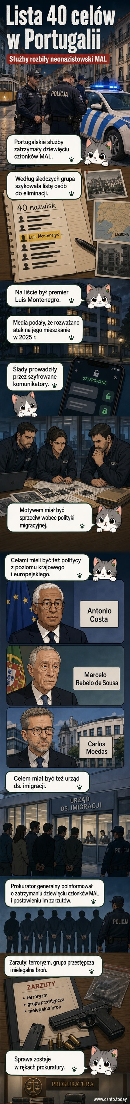 Ilustracja przedstawiająca policjantów w Lizbonie, otaczających budynki i przeszukujących dokumenty, na tle mapy Portugalii z zaznaczonymi miejscami działalności neonazistowskiej grupy MAL.