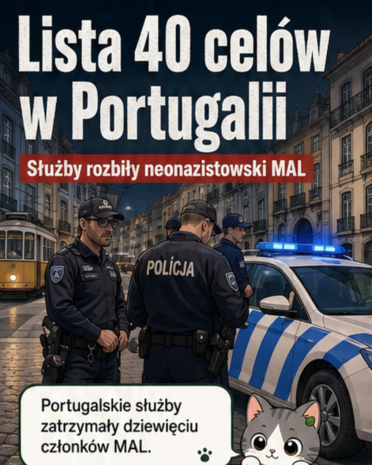 Ilustracja przedstawiająca policjantów w Lizbonie, otaczających budynki i przeszukujących dokumenty, na tle mapy Portugalii z zaznaczonymi miejscami działalności neonazistowskiej grupy MAL.