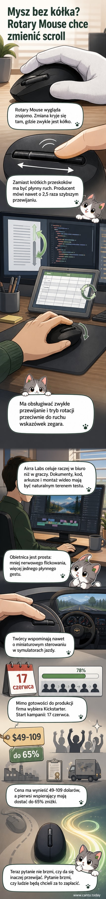 Nowoczesna mysz komputerowa z poziomym, rotacyjnym mechanizmem zamiast tradycyjnego kółka przewijania