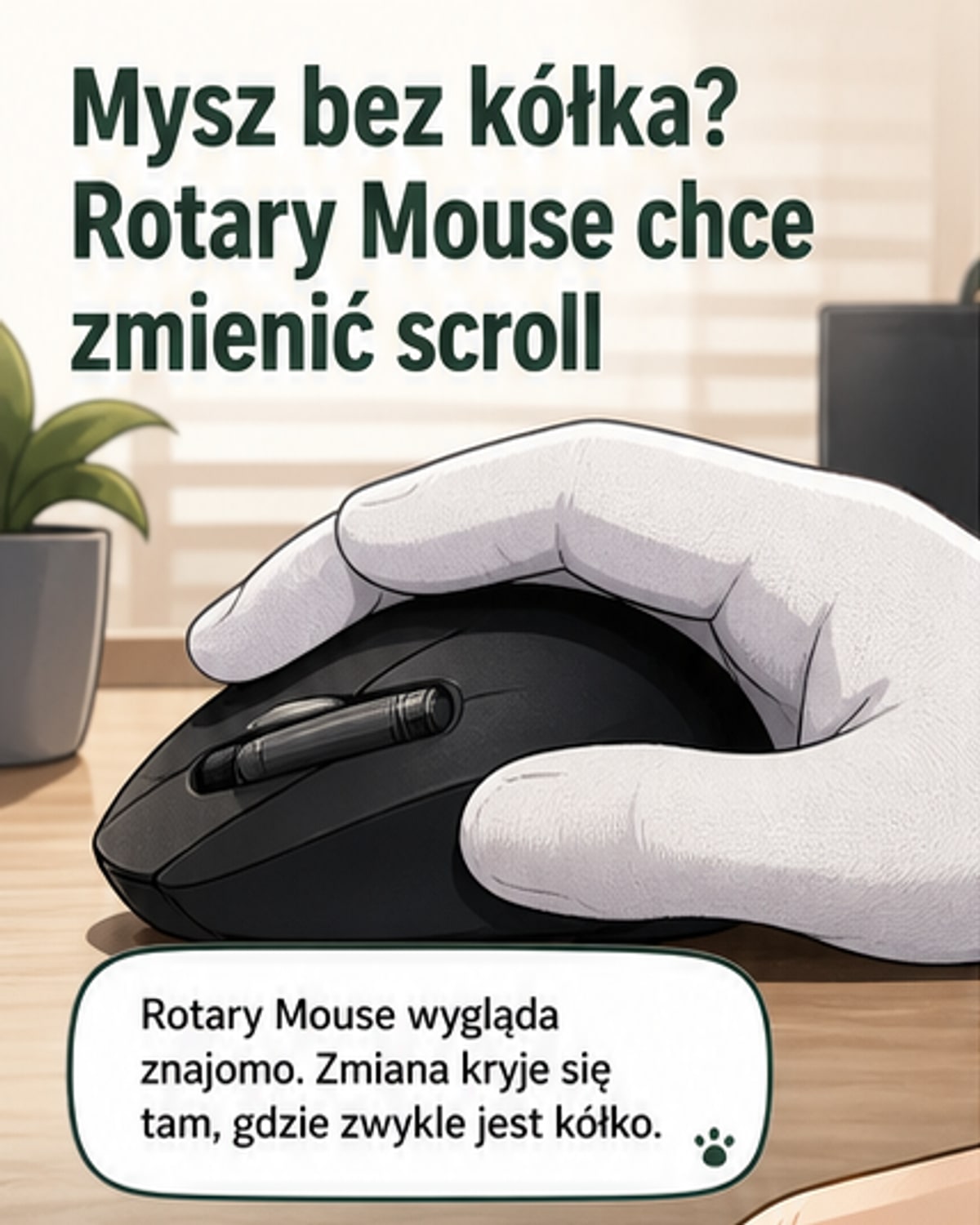 Nowoczesna mysz komputerowa z poziomym, rotacyjnym mechanizmem zamiast tradycyjnego kółka przewijania