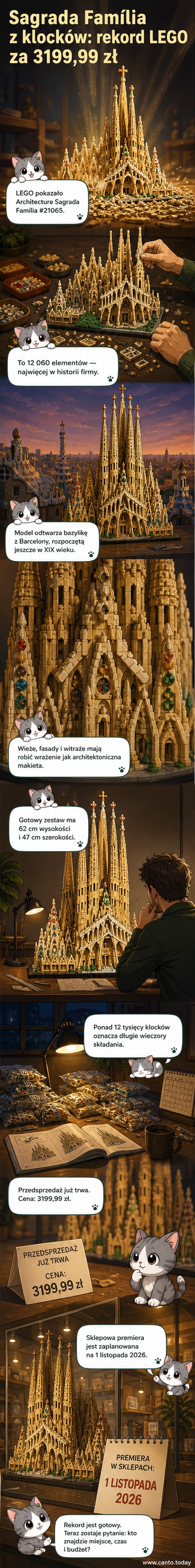 Zestaw LEGO Architecture Sagrada Família (#21065) — największa w historii konstrukcja z ponad 12 tysiącami elementów, przedstawiająca słynną bazylikę w Barcelonie w skali 62 cm na wysokość.