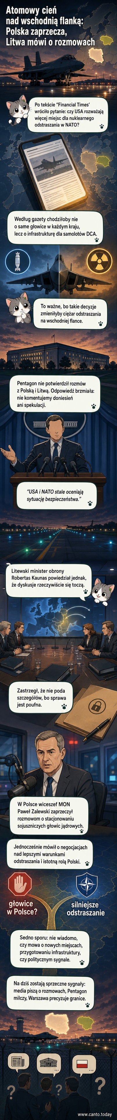 Ilustracja przedstawia mapę Europy z zaznaczonymi krajami NATO, w tym Polską i krajami bałtyckimi, z symbolem amerykańskiej broni jądrowej nad Warszawą i Wilniem.