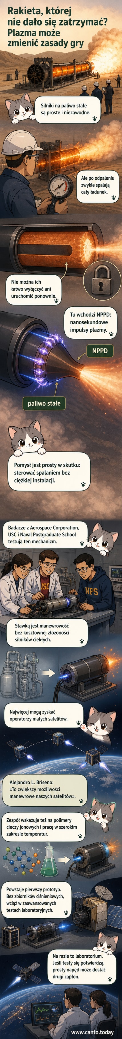 Ilustracja przedstawiająca rakietę w przestrzeni kosmicznej z wizualizacją plazmowego napędu NPPD w tle, z impulsami elektrycznymi aktywującymi paliwo stałe.