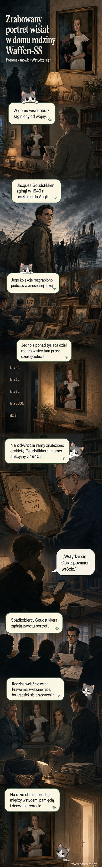 Stylizowany portret młodej dziewczyny w szarozielonych tonach, w tle fragment starego domu i dokument z etykietą Goudstikkera