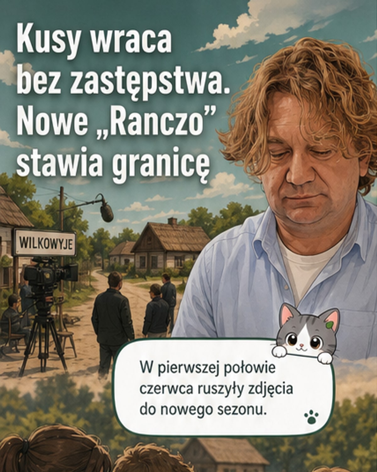 Zdjęcie z planu serialu „Ranczo” z widocznym reżyserem i ekipą; w tle tablica z napisem „Ranczo. Zemsta wiedźm”.