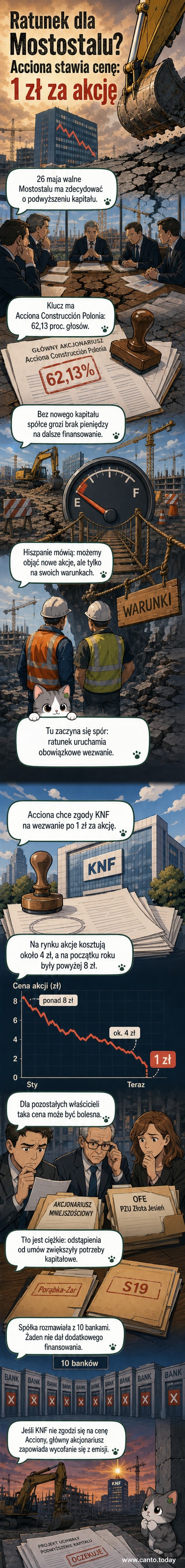 Ilustracja przedstawiające budowlany dźwig na tle miasta, z symbolem walnego zgromadzenia i notowaniami giełdowymi Mostostalu spadającymi w dół