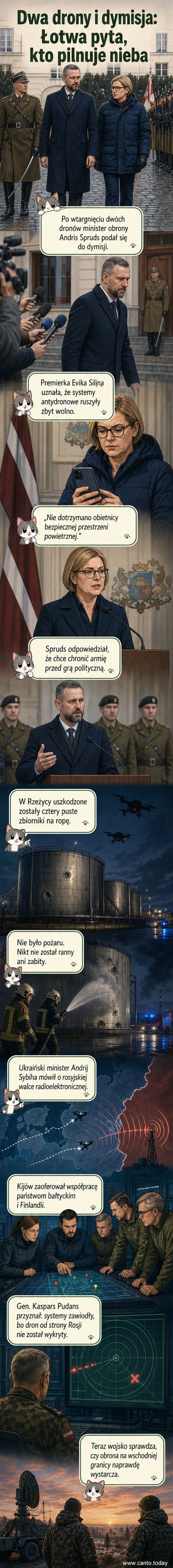 Ilustracja przedstawiająca drona nad terytorium Łotwy, z zaznaczoną granicą z Rosją i miejscem incydentu w Rzeżycy, oraz sylwetkę ministra obrony podającego dymisję.