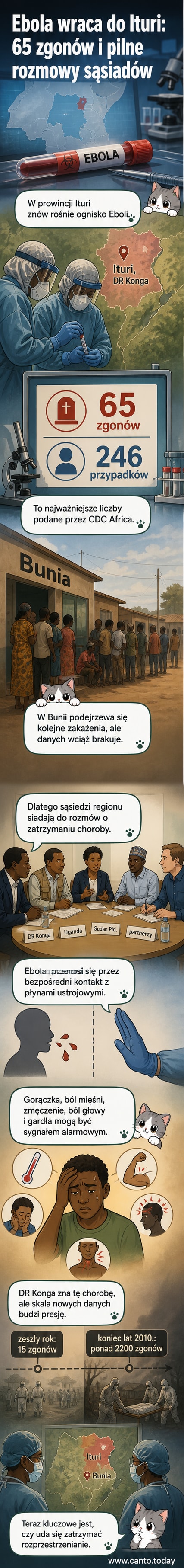 Ilustracja przedstawia mapę Demokratycznej Republiki Konga z zaznaczonym ogniskiem epidemii Eboli w prowincji Ituri, z ikonami osób w stolicy Bunia i symbolami wirusa.