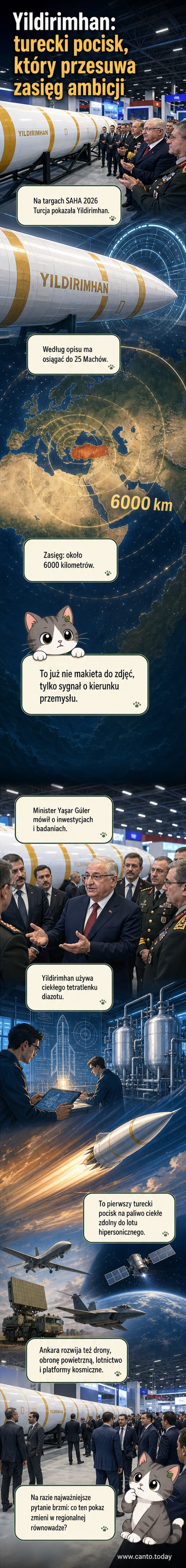 Ilustracja przedstawia nowy turecki pocisk międzykontynentalny Yildirimhan podczas prezentacji na targach SAHA 2026, z widocznym śladem prędkości i oznaczeniem zasięgu 6000 km.