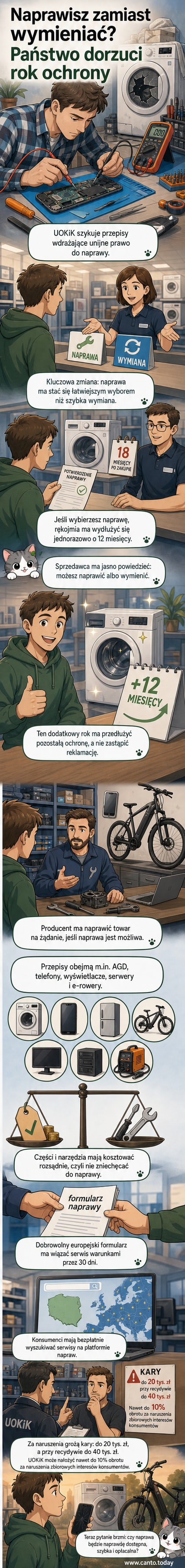 Ilustracja przedstawiająca kobietę z telefonem w dłoni, obok niej ikona przedłużonej gwarancji i kalendarz z zaznaczonym dodatkowym rokiem.