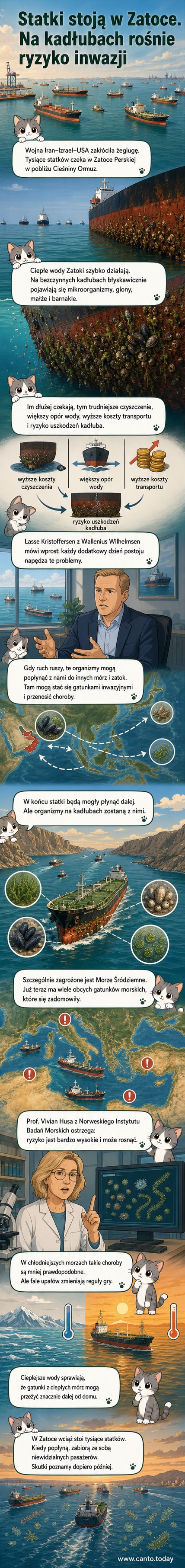 Ilustracja kadłuba statku pokrytego glonami i małżami, płynącego ku europejskim wybrzeżom – sygnalizuje ryzyko rozprzestrzenienia inwazyjnych gatunków morskich.