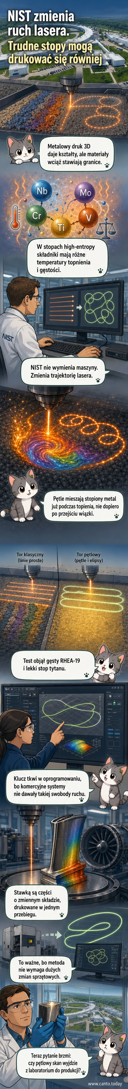 Ilustracja pokazująca laser rysujący pętlistą ścieżkę w warstwie metalowego proszku podczas druku 3D, z efektem intensywnego mieszania stopionego materiału.