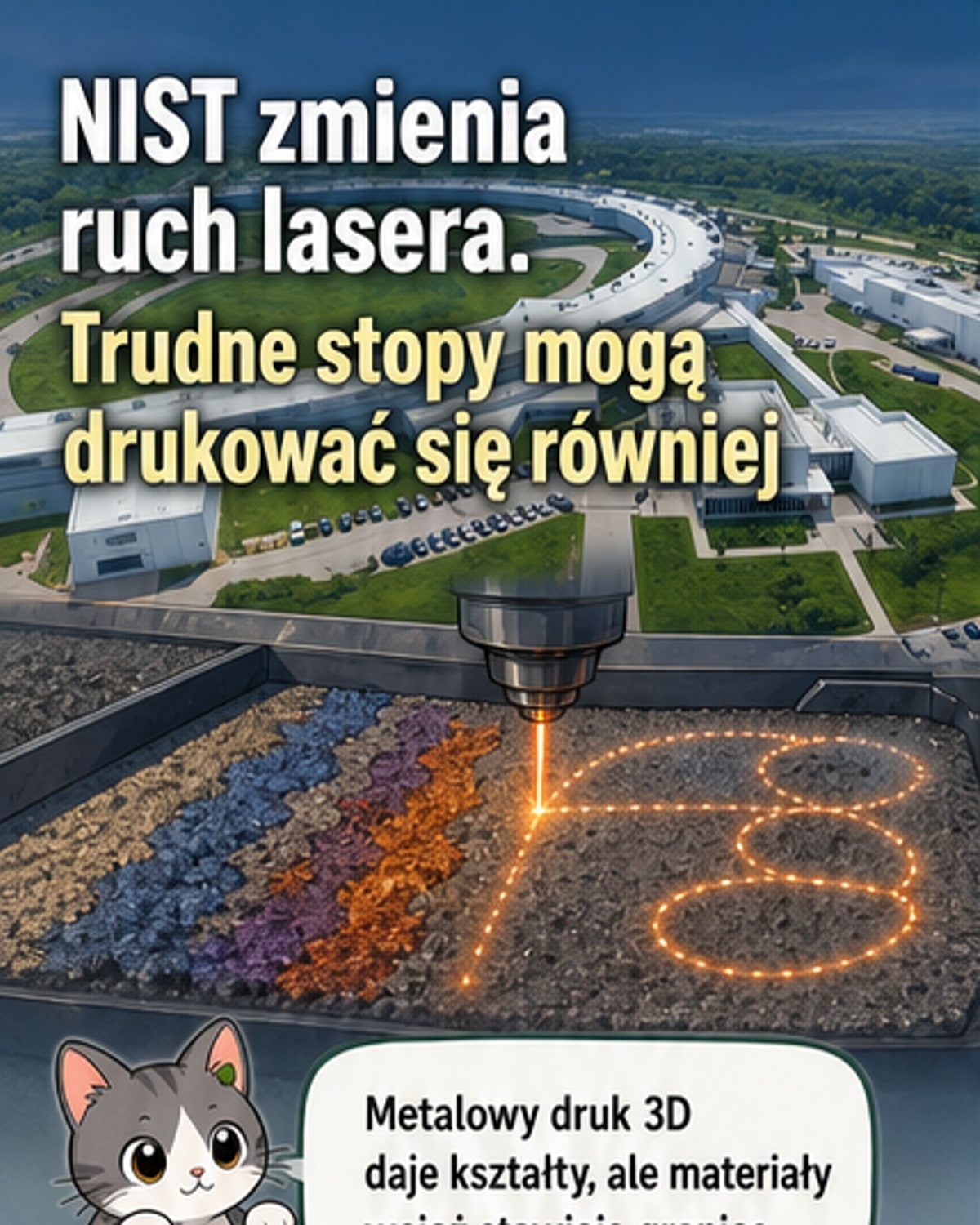 Ilustracja pokazująca laser rysujący pętlistą ścieżkę w warstwie metalowego proszku podczas druku 3D, z efektem intensywnego mieszania stopionego materiału.