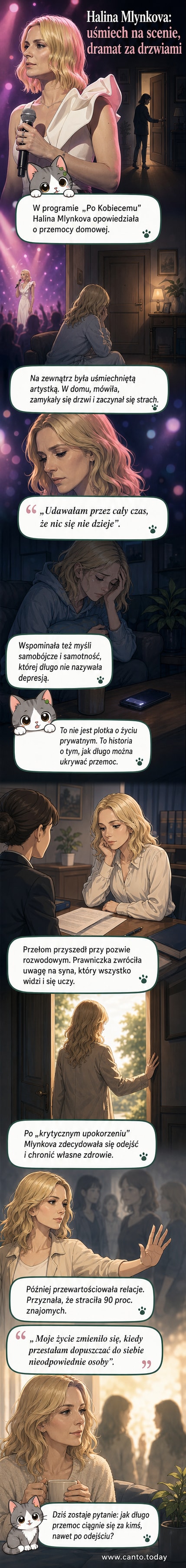 Ilustracja Haliny Mlynkowej stojącej samotnie w półmroku domu, z fleszami za plecami i ciężkim spojrzeniem — metafora życia między blaskiem sceny a ciemnością przemocy domowej.