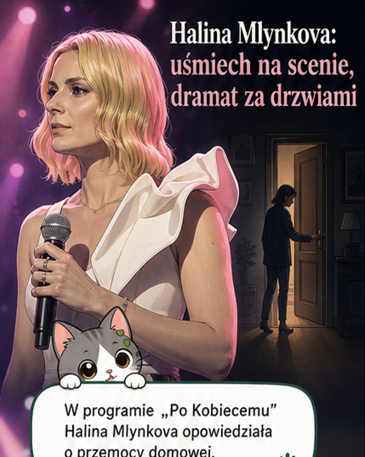 Ilustracja Haliny Mlynkowej stojącej samotnie w półmroku domu, z fleszami za plecami i ciężkim spojrzeniem — metafora życia między blaskiem sceny a ciemnością przemocy domowej.