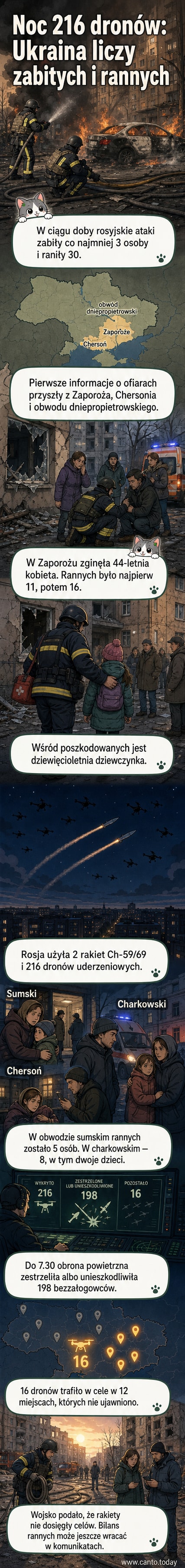 Mapa Ukrainy z zaznaczonymi miejscami rosyjskich ataków dronami i rakietami, z liczbami ofiar w różnych regionach.