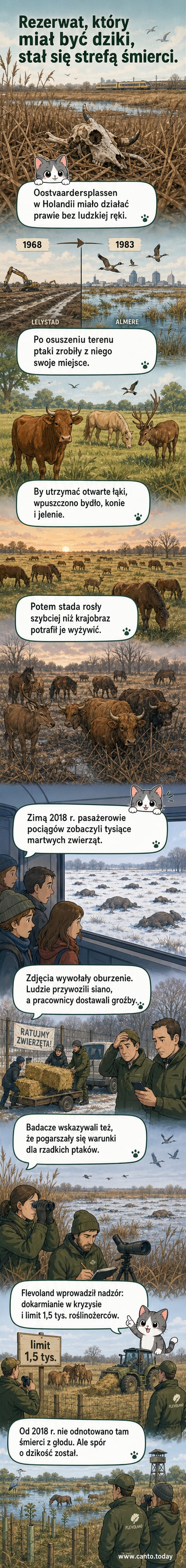 Widok na mokradła Oostvaardersplassen z martwymi zwierzętami na tle linii kolejowej – zdjęcie z 2018 roku