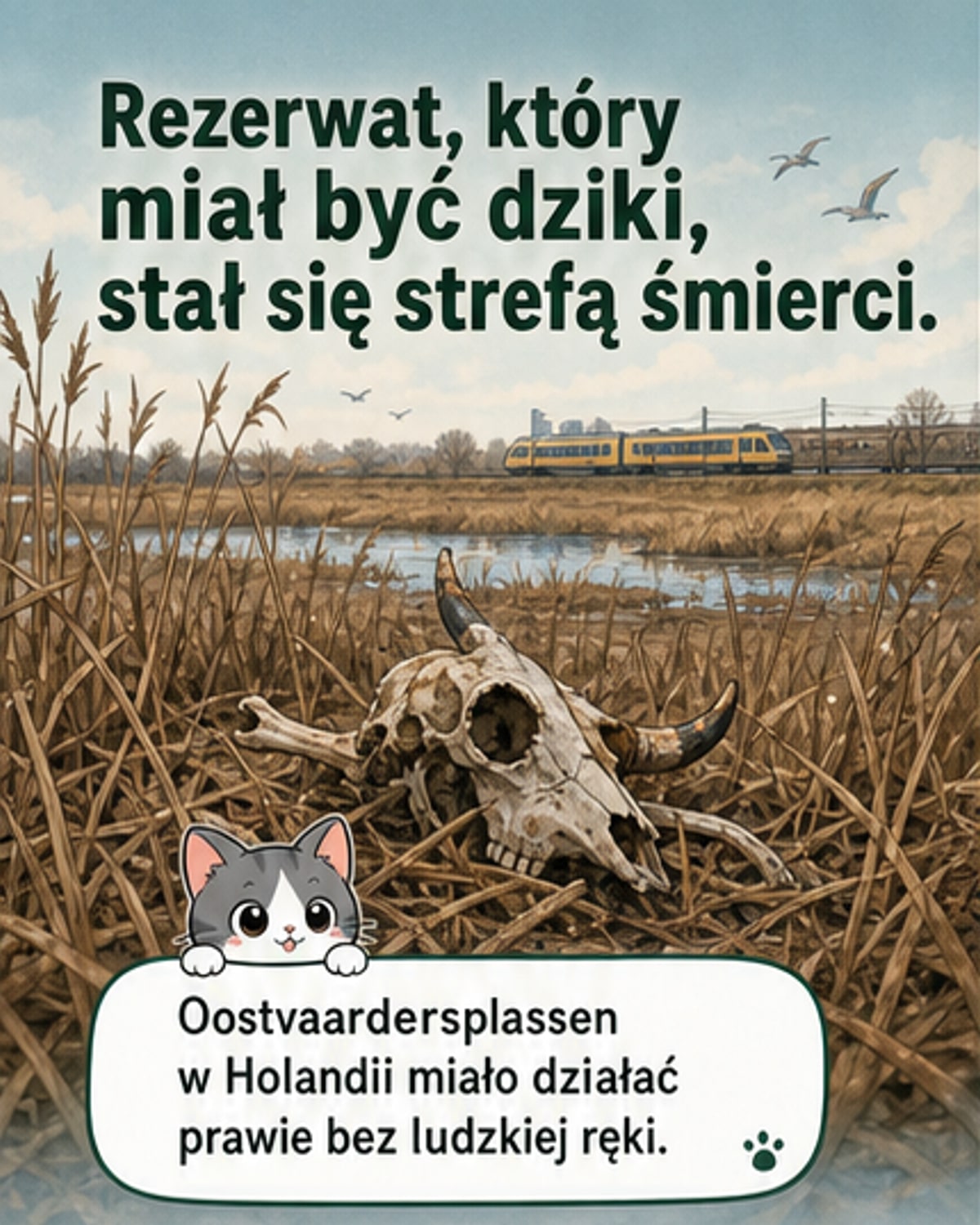 Widok na mokradła Oostvaardersplassen z martwymi zwierzętami na tle linii kolejowej – zdjęcie z 2018 roku