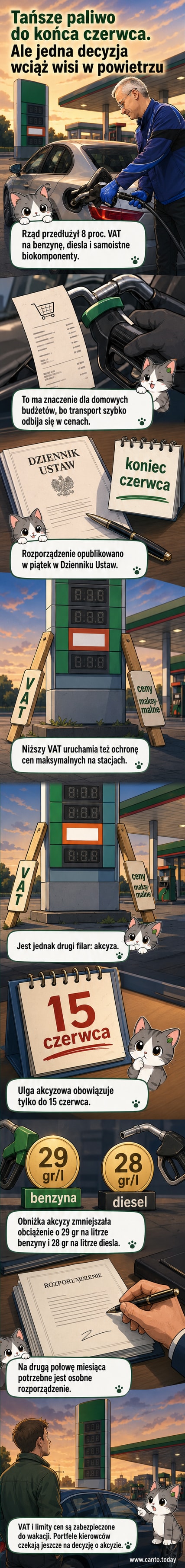 Stacja benzynowa z widocznymi cenami benzyny i diesla, na tle flagi Polski i komunikatu o obniżonych podatkach