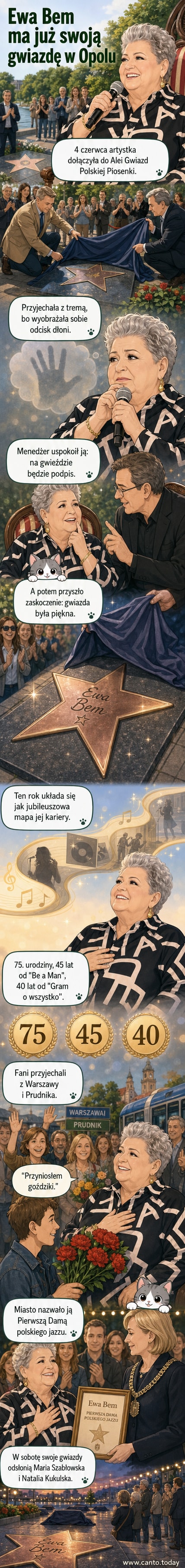 Ewa Bem podczas odsłaniania swojej gwiazdy w Alei Gwiazd Polskiej Piosenki w Opolu, otoczona fanami i przedstawicielami miasta.