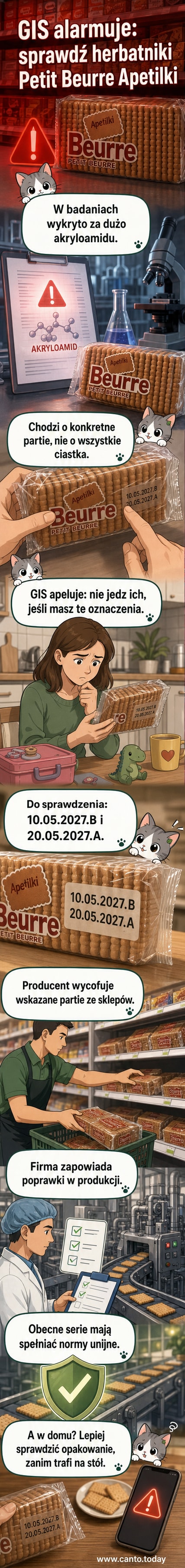 Ilustracja dwóch herbatników Petit Beurre z opakowania marki Apetilki, z czerwoną pieczątką 'WYCOFANE' i ikoną ostrzeżenia nad opakowaniem.